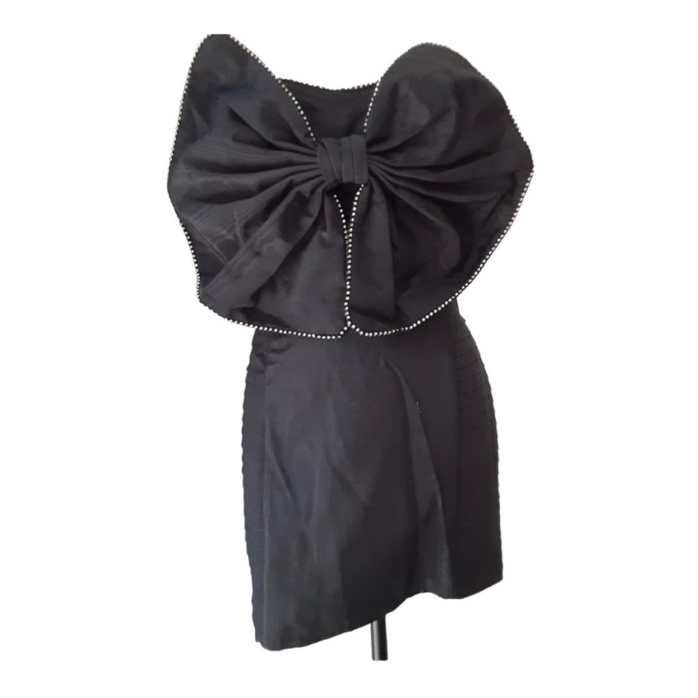 For Love & Lemons Celeste Moire Rhinestone Mini Dress 1X 14 Black Removable Bow - Picture 4 of 11